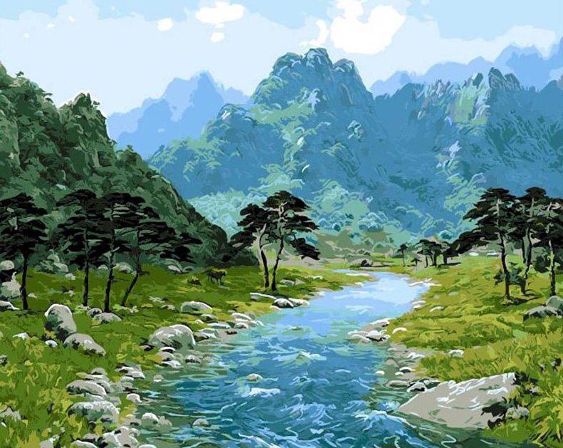 Green Mountains and River diamond painting