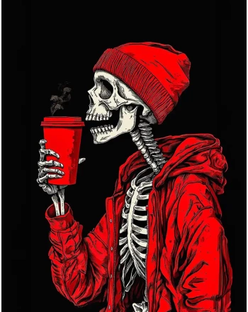 Skeleton drinking iced coffee