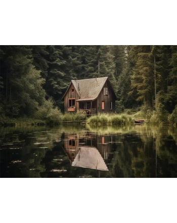 Rustic log cabin nestled in tranquil mountain