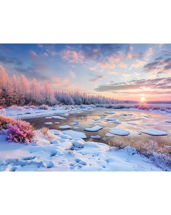 Serene winter landscape with snow and pastel sunset