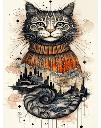 Surreal cat with cityscape