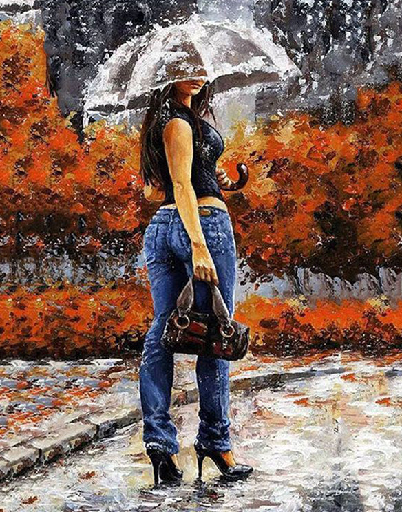 Rainy Day - woman with umbrella diamond painting