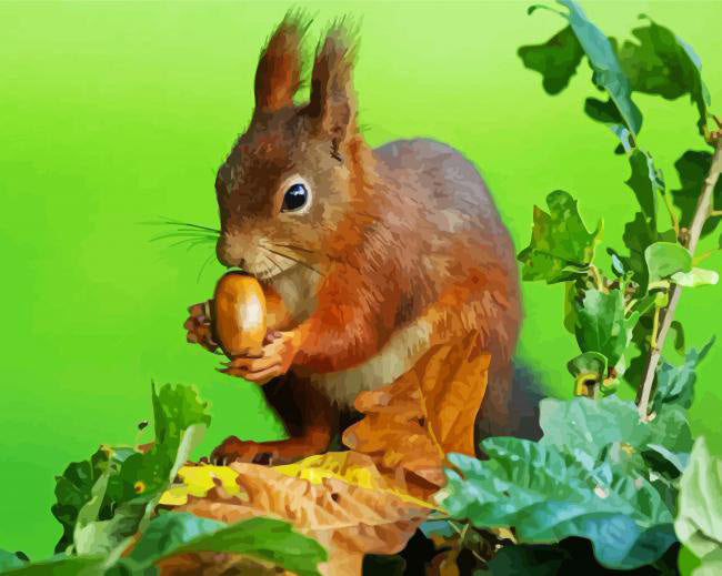 Red squirrel eating acorn diamond painting