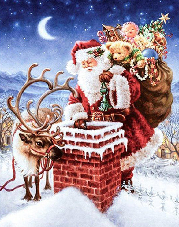 Santa Claus and Elk Climb Chimneys send gifts diamond painting