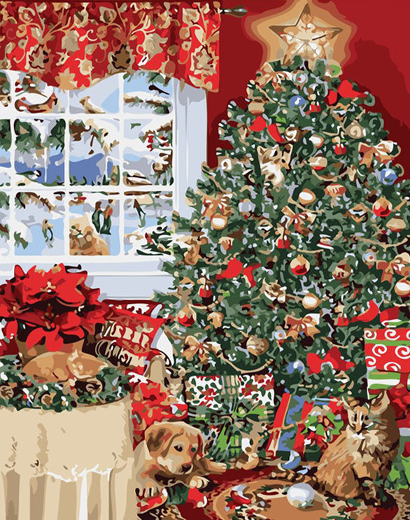 Cat and dog tree christmas diamond painting
