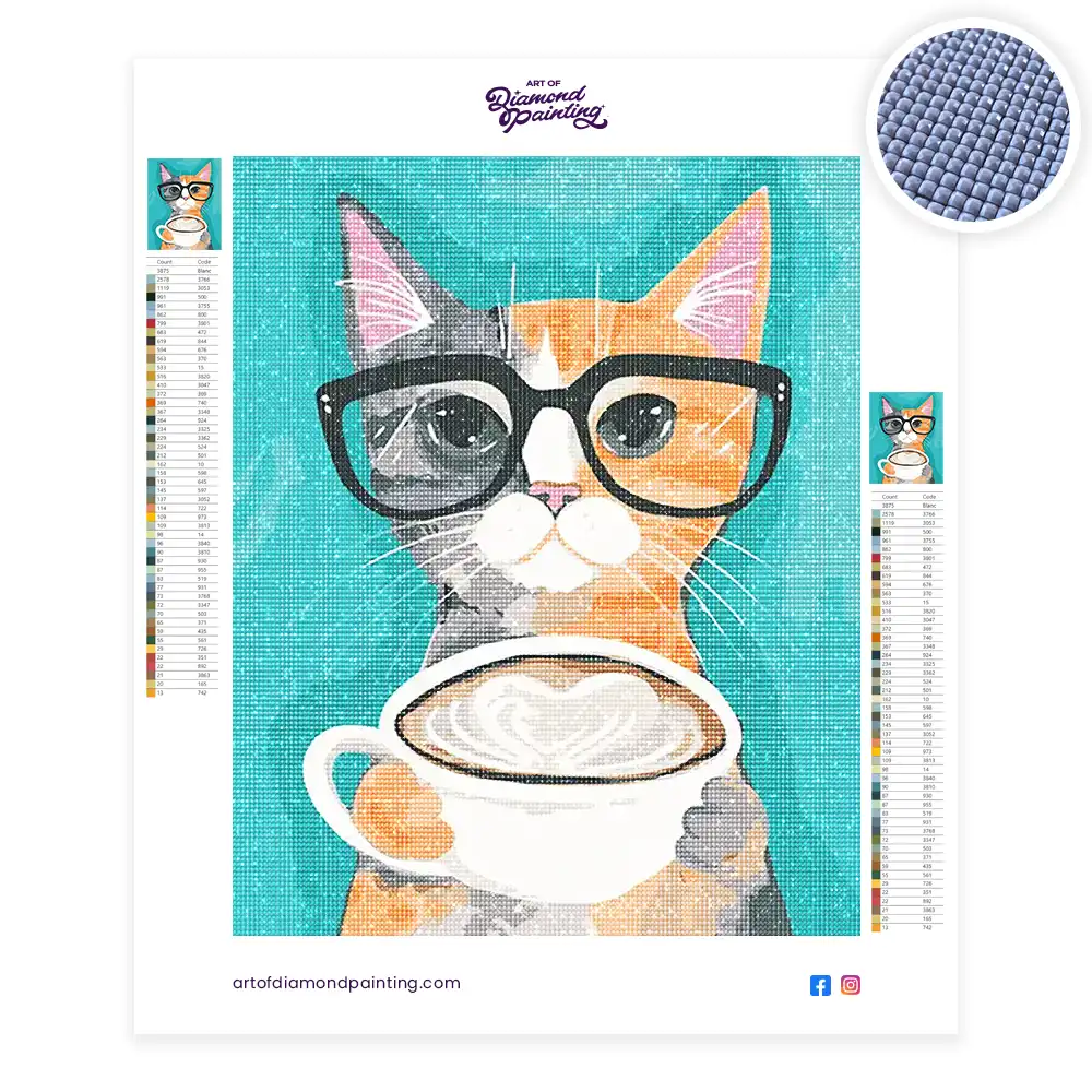 Cat with glasses and coffee kit diamond painting
