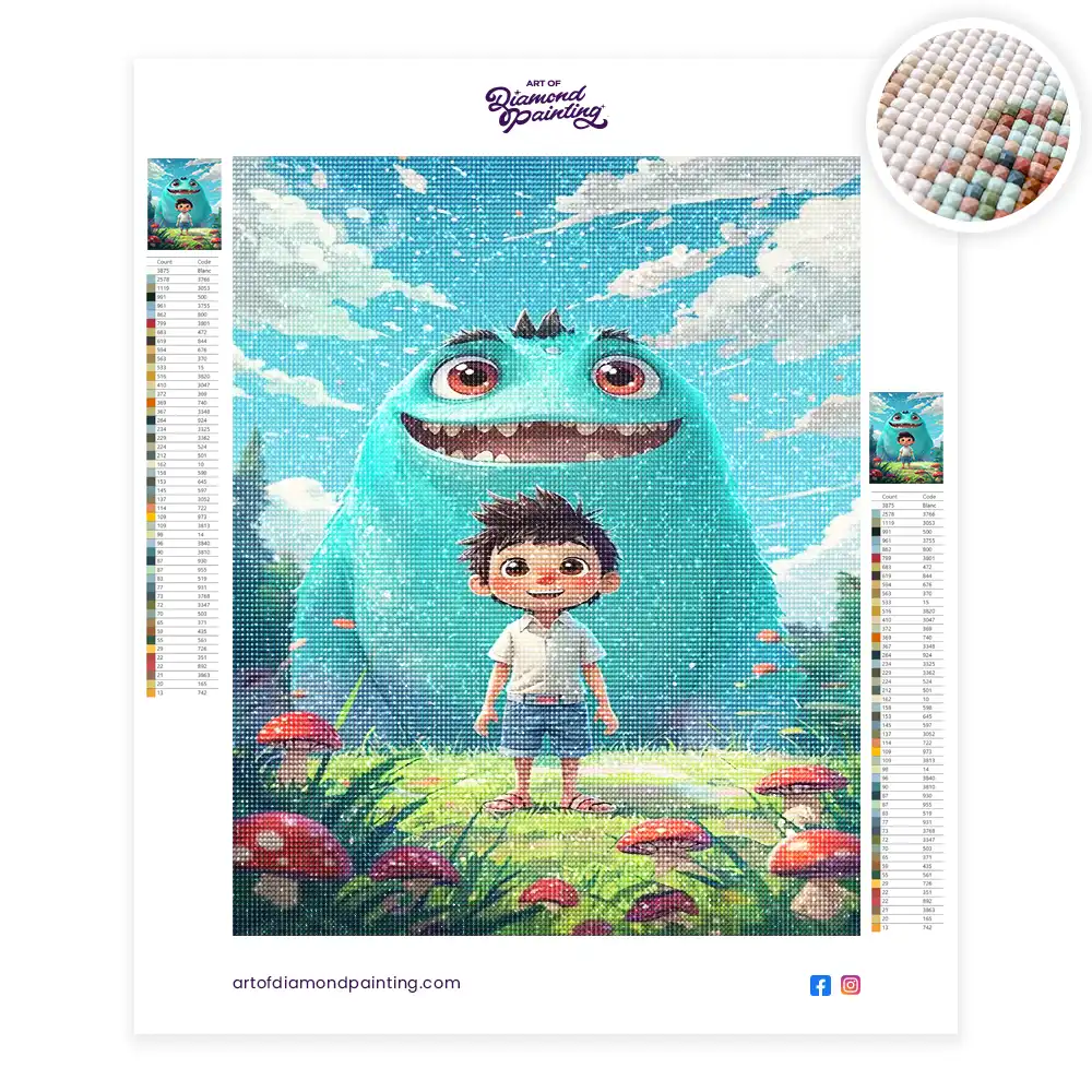 2 Joyful boy and friendly turquoise monster