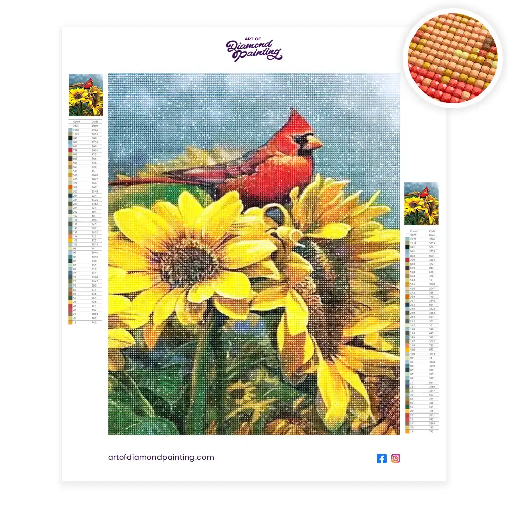 Red cardinal on sunflowers diamond painting