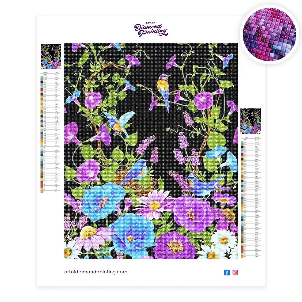 2 Birds on purple flowers diamond painting