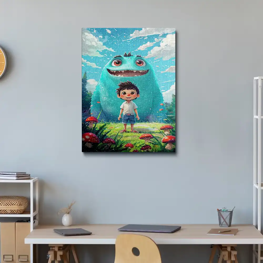 3 Joyful boy and friendly turquoise monster