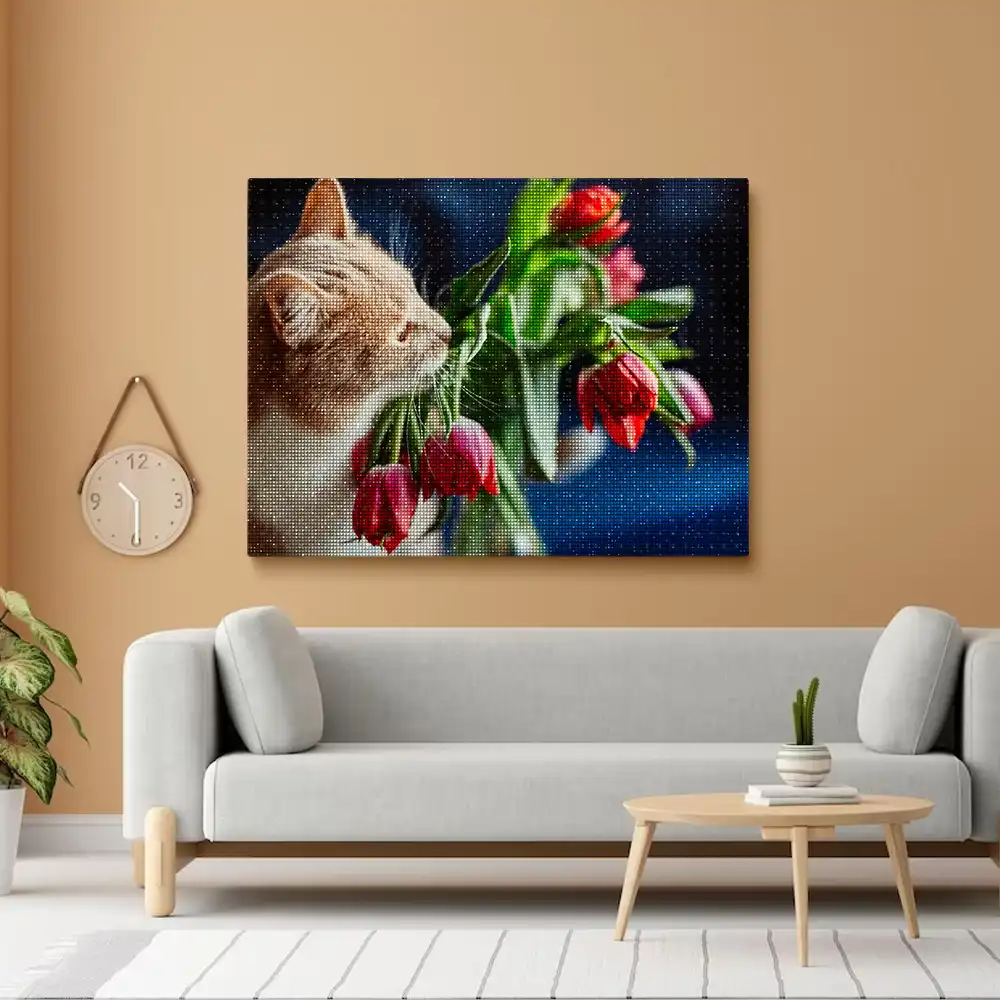 3 Red cat and dark pink tulips