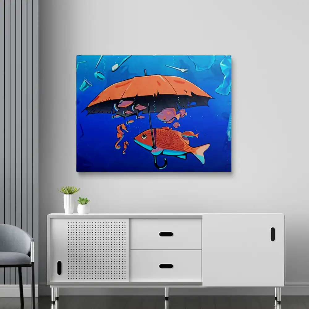 Fish holding an umbrella diamond painting