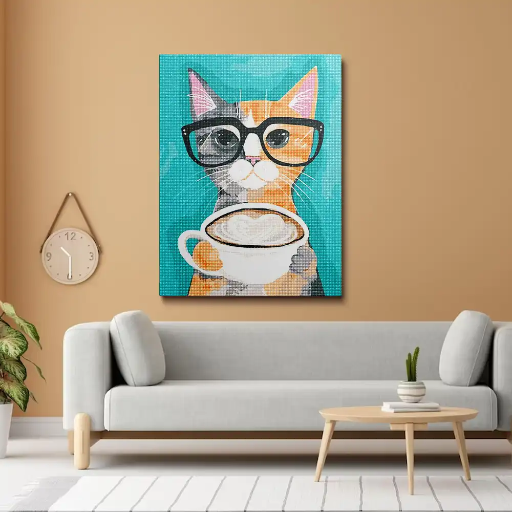 Cat with glasses and coffee kit diamond painting