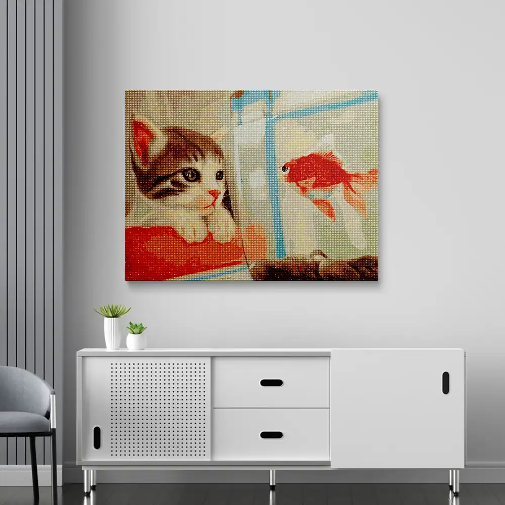 Cat and goldfish diamond painting