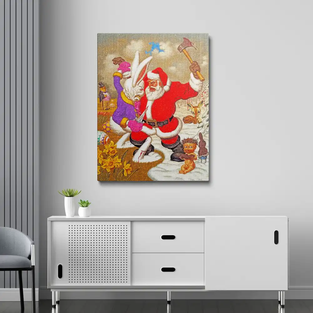 Santa fighting wiith a big rabbit diamond painting