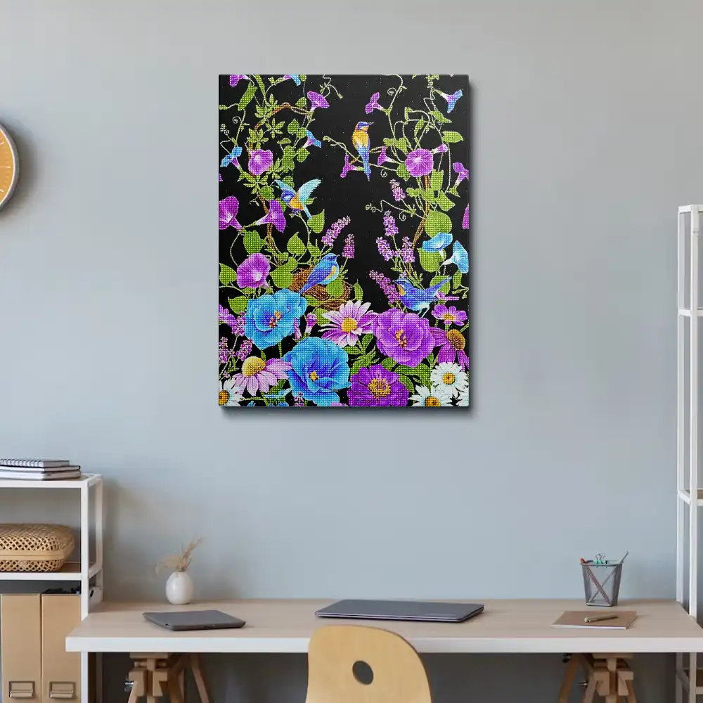 3 Birds on purple flowers diamond painting
