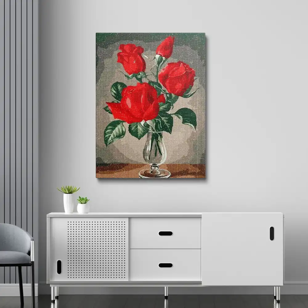 Red roses in glass cup diamond painting