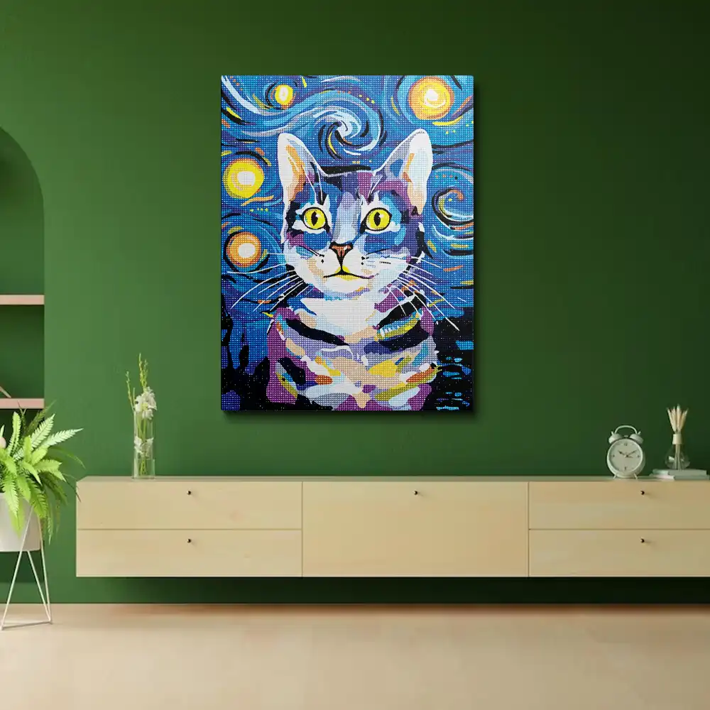 Cat on blue diamond painting
