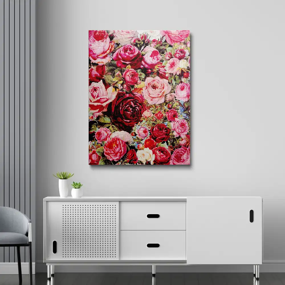 Red and pink floral arrangement diamond painting