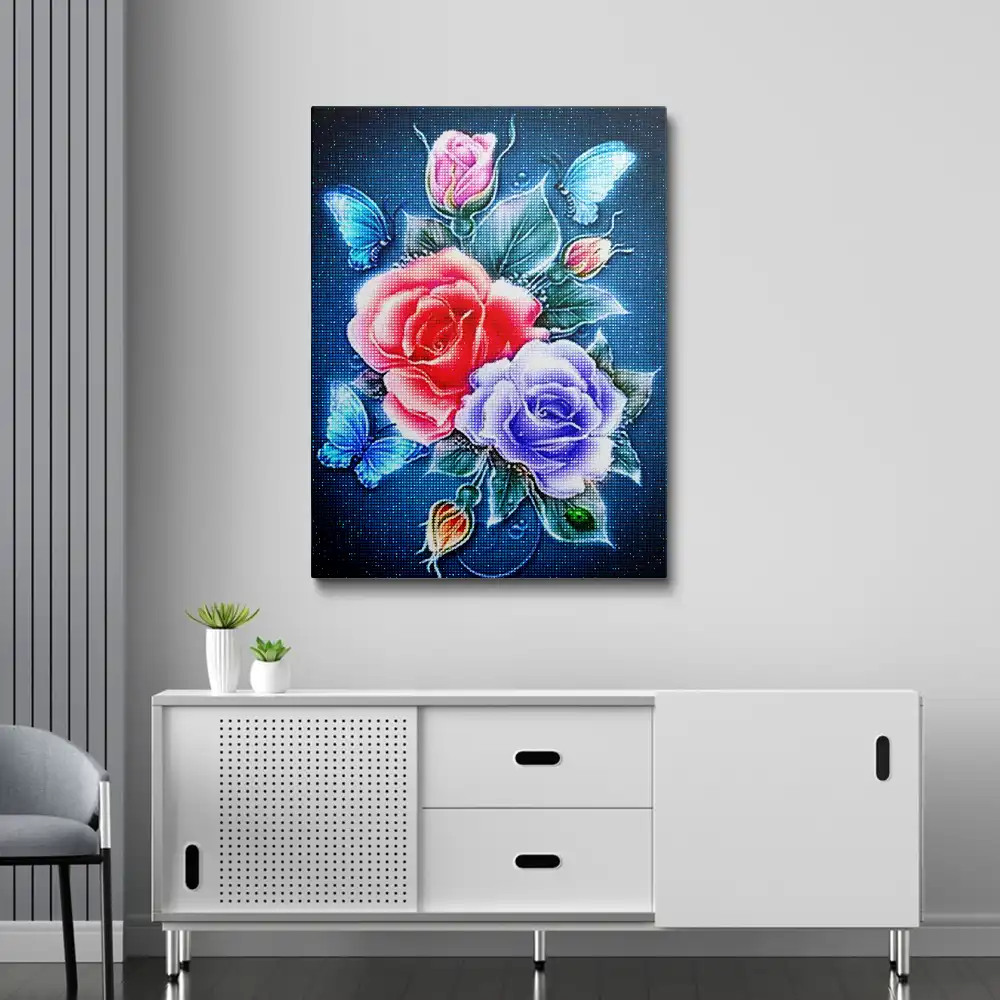 Red and blue rose diamond painting