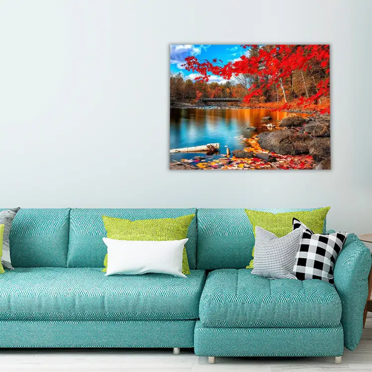 Red Maple leaves Fall Lake Forest DIY Autumn Forest diamond painting
