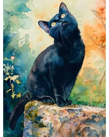 A black cat with yellow eyes painting