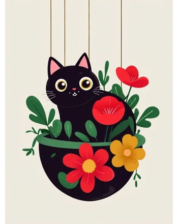 Black Cat in Flower Planter