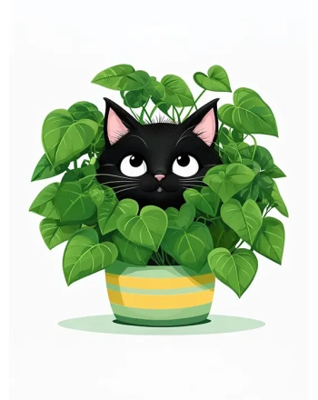 Black Cat in Green Leaves