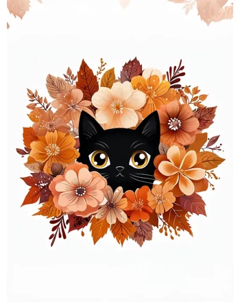 Black Cat with Autumn Flowers