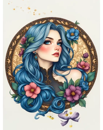 Blue-haired woman with flowers