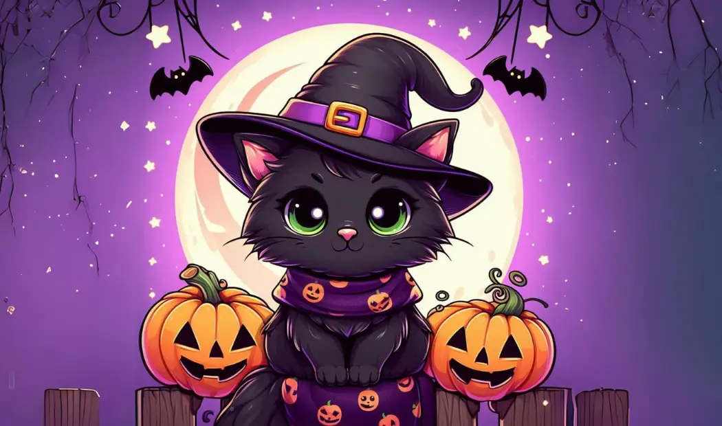 Cute Black Cat with Witch Hat