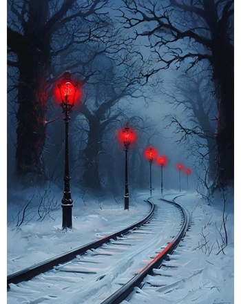 Eerie Winter Night Train Tracks