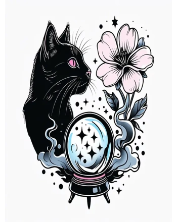Mystical Black Cat and Flower
