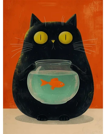 Whimsical Cat with Fishbowl