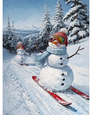 Whimsical Snowmen Skiing in a Winter