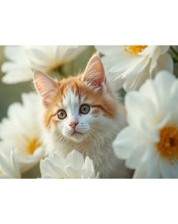 White Cat Sniffing Daisy painting