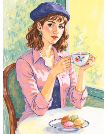Woman enjoying tea and macarons