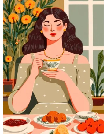 Woman enjoying tea in a serene setting