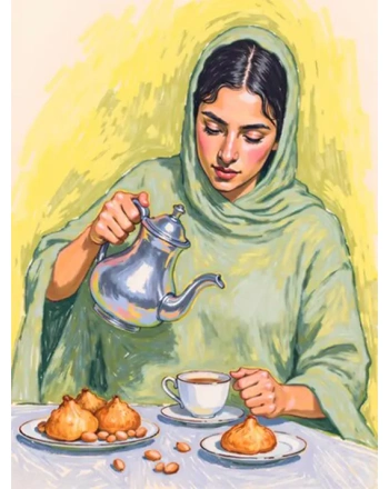 Woman pouring tea with delicious food
