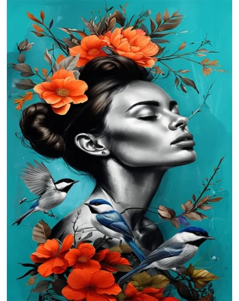 Woman with Birds and Flowers