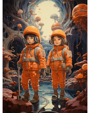 two child austronauts cartoon painting